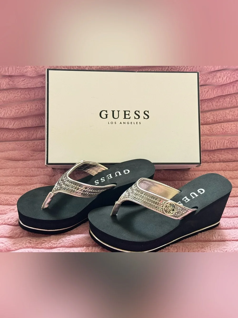 GUESS Pink Metallic Wedge Thong Sandals